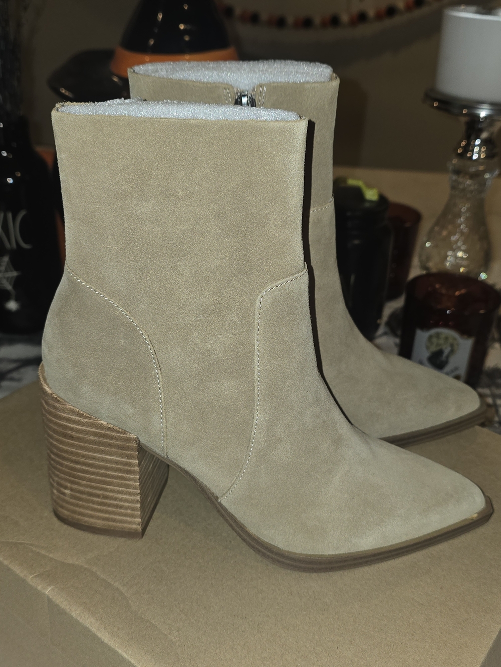 Women's Beige Suede Block Heel Ankle Boots